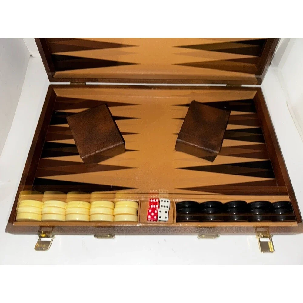 Vintage Full Size Backgammon Game Set Large Portable Brown Case Complete
